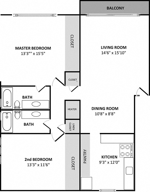 Floor plan for 2 beds, 2 baths, 1200 sqft